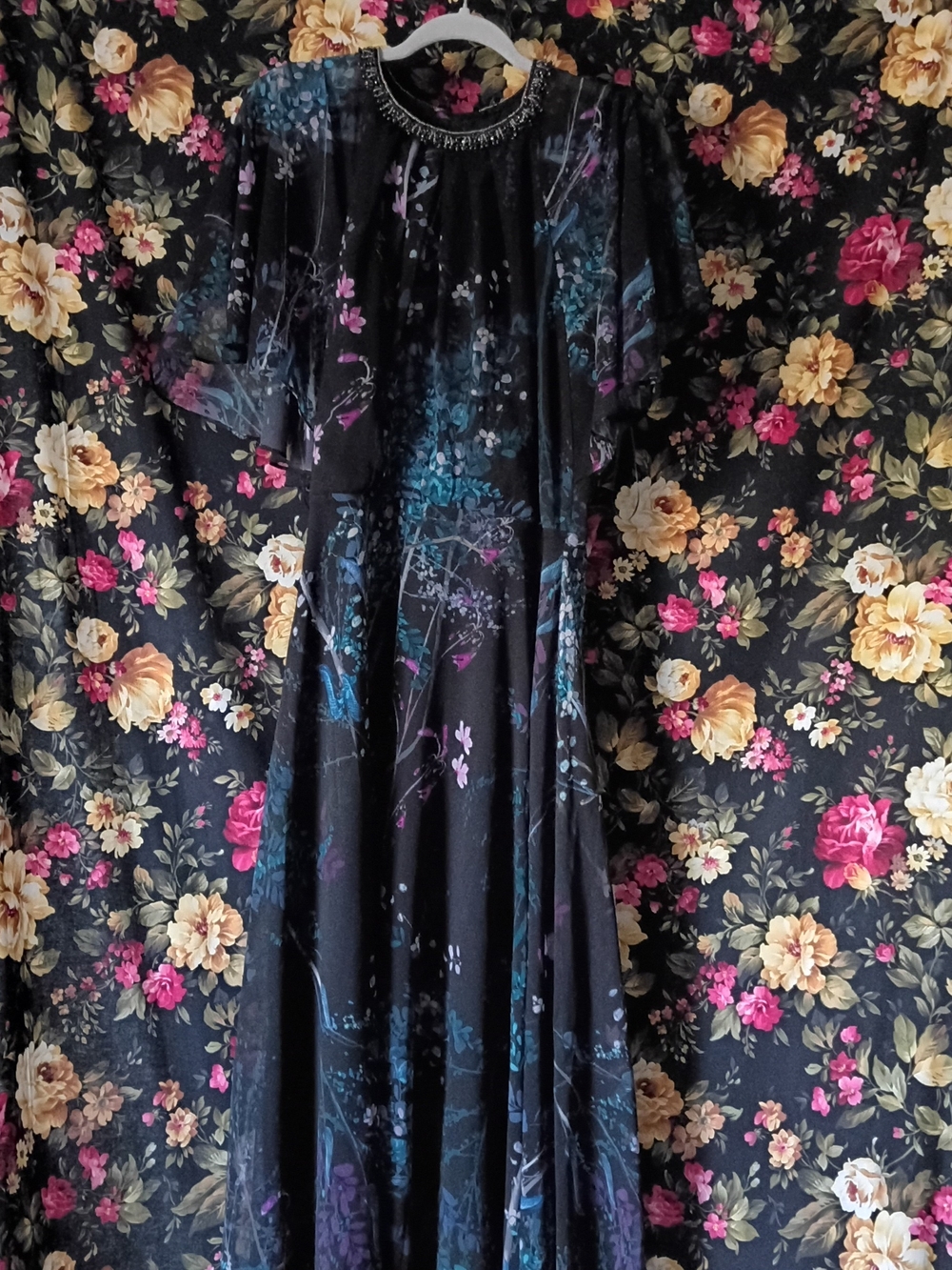 Teri Jon By Ricky Freeman Black Maxi Dress with Blue and Purple Floral Print